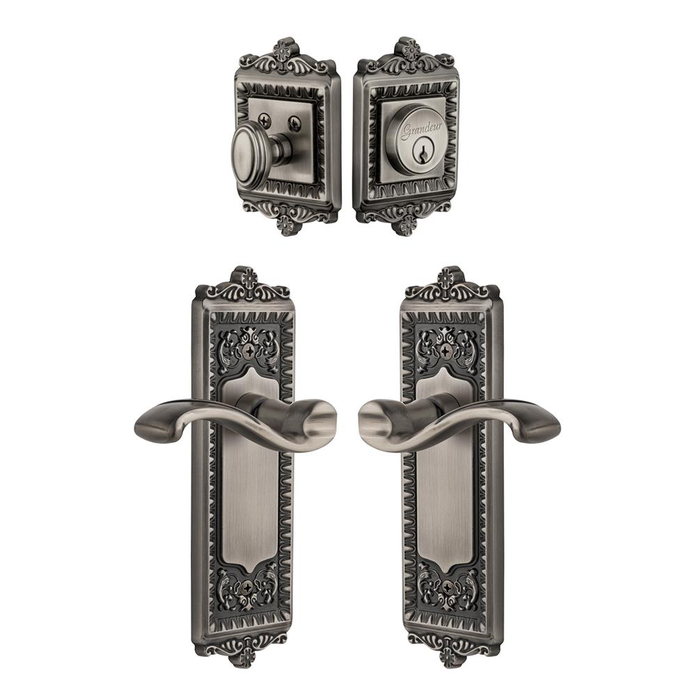 Grandeur by Nostalgic Warehouse Single Cylinder Combo Pack Keyed Differently - Windsor Plate with Portofino Lever and Matching Deadbolt in Antique Pewter